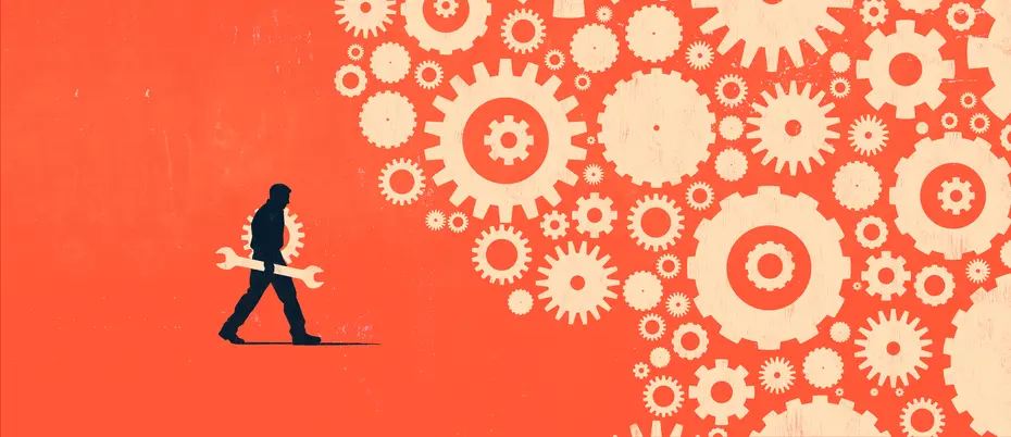 An illustration of a person holding a gear and wrench heading in to fix a system of gears