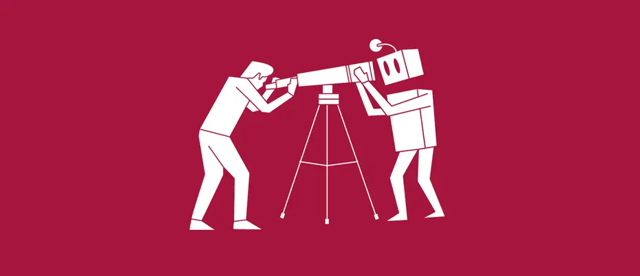 A person looking through a telescope with a robot on the other side