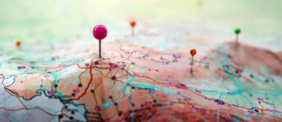 3D map with pins stuck in various locations