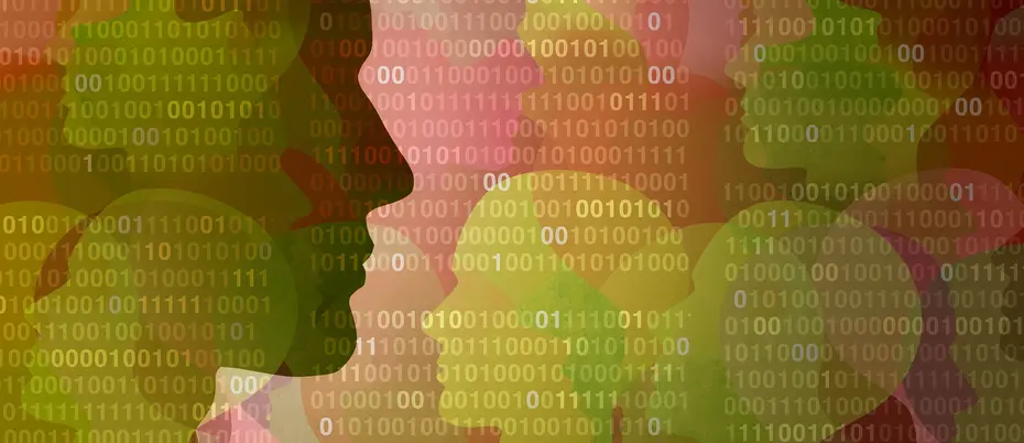 Silhouettes of various people covered in binary code