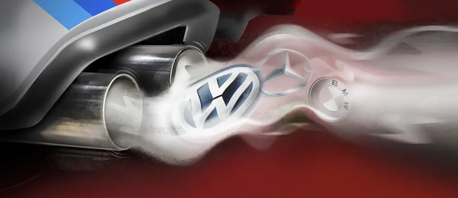 Car engine blowing out exhaust and the logos of BMW, Daimler, and Volkswagen can be seen through the smoke
