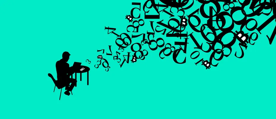 Illustration of numbers and bitcoins spilling out of an accountant sitting on a chair