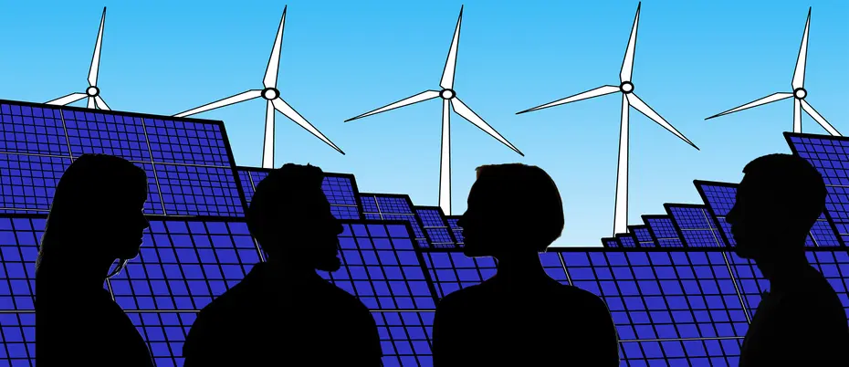 Silhouettes of people communicating with turbines and solar panels in the background