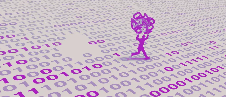 Illustration of a person carrying off a chunk of binary code leaving a hole in a sea of code
