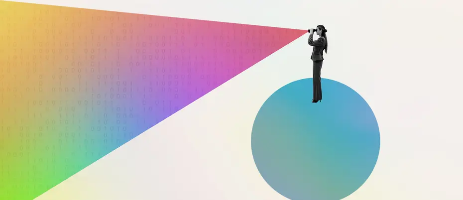 A business person stands on a circle while looking through binoculars at a triangle filled with binary code and rainbow colors