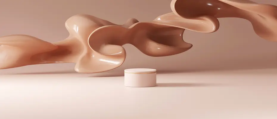 A platform with a wavy splash of beige foundation makeup across the background