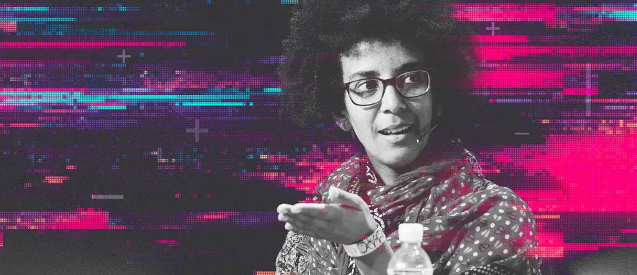 Photo illustration of Timnit Gebru amongst a futuristic digital background
