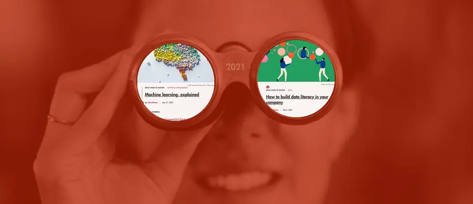 Two news stories appear in binocular lenses a person is looking through