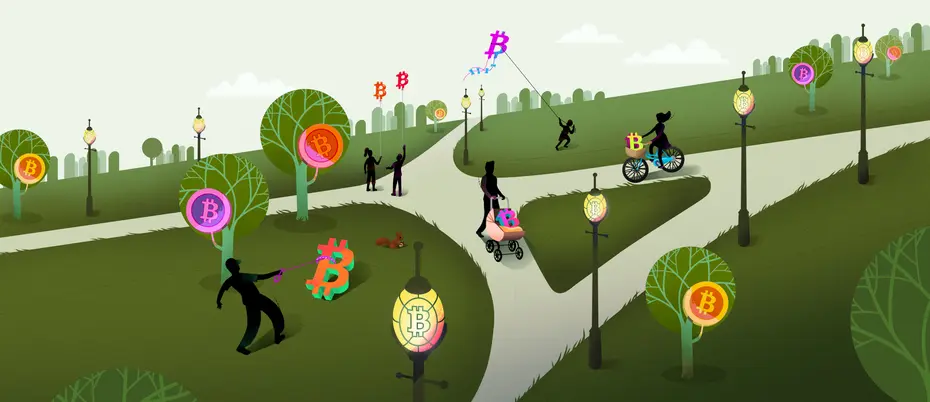 A bitcoin world taking place in a park scene where people are walking bitcoins, flying bitcoin kites, and strolling bitcoins in the strollers.
