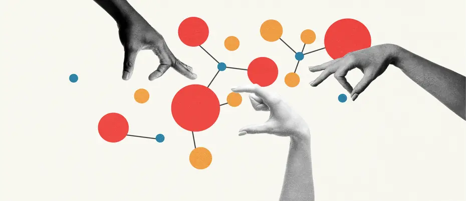 Photo illustration of three different hands working with molecules