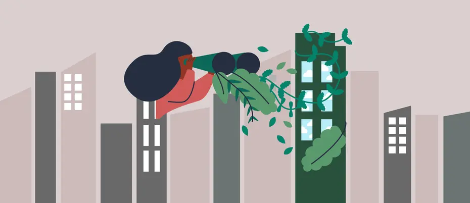 Illustration of a business woman looking through binoculars that have green foliage coming out of them and seeing a green building