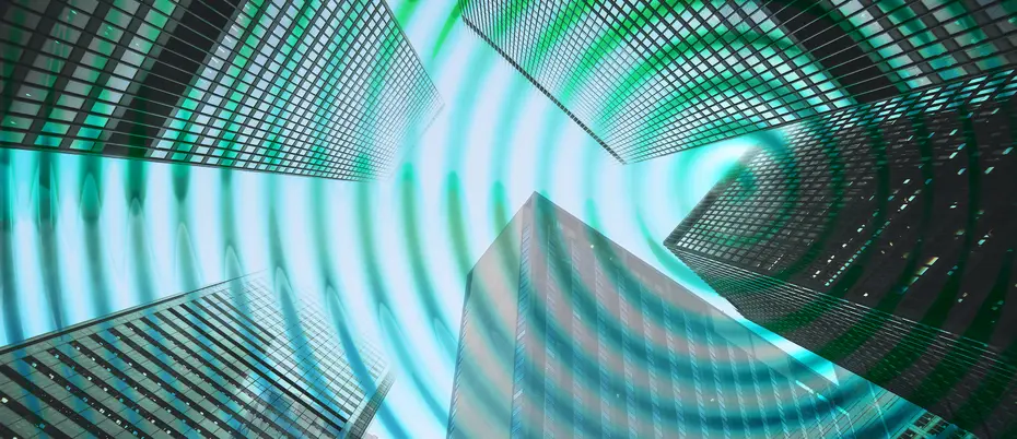 Sound wave ripples and skyscrapers juxtaposed together