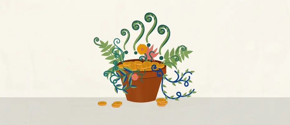 Greenery and florals sprouting from a flower pot holding gold coins