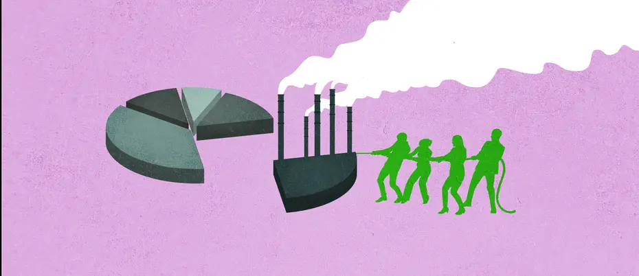 An illustration of a group of people pulling a wedge from a pie chart, and the wedge has pipes with smoke coming out of it