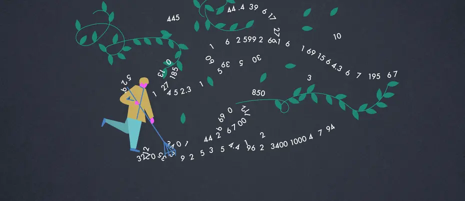 An illustration of a person raking in data and leaves flying everywhere