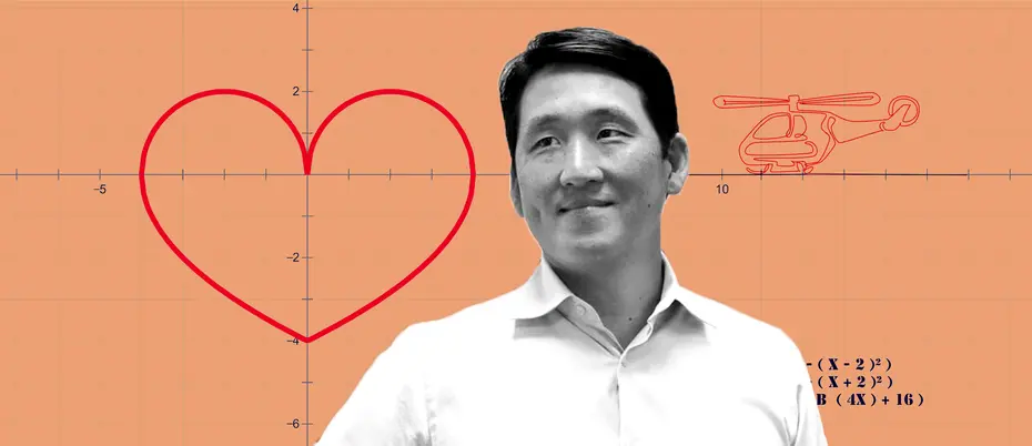 A photo illustration of James Rhee with a graph of a heart and helicopter  in the background