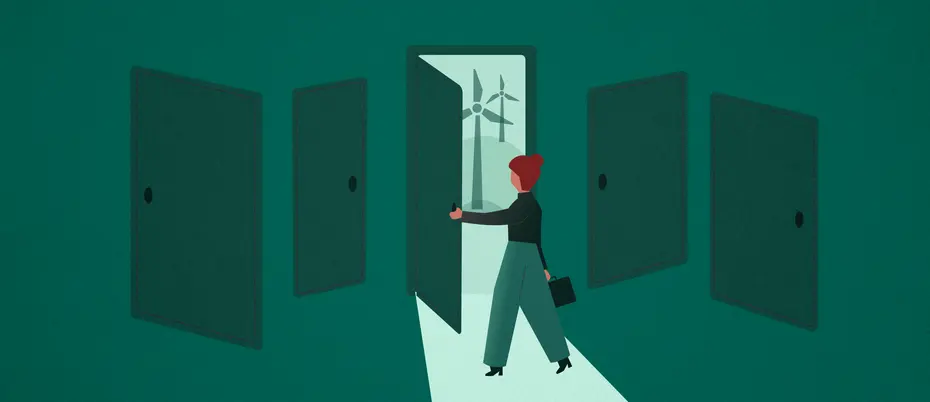 An illustration of a business person opening a door where wind turbines are seen in the distance