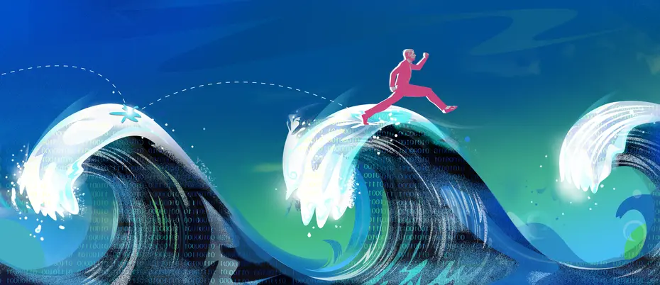 a person running across a trio of high ocean waves