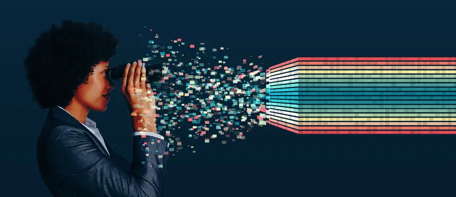 woman facing a pixilated rainbow meant to represent data