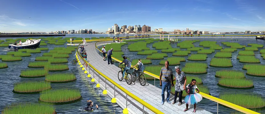 A prototype rendering of the Emerald Tutu, a network of floating, modular mesh mats designed to sop up stormwater and runoff