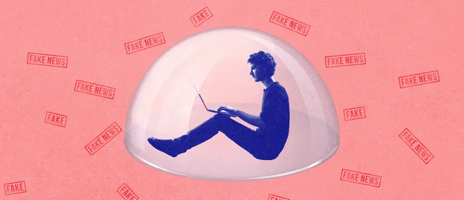 A person using a laptop is shielded from a bubble surrounded by the words "Fake News."