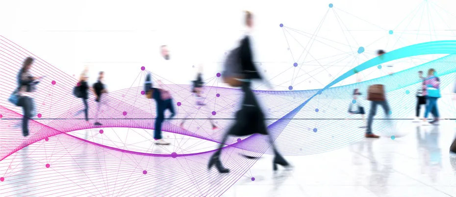 Motion blurred crowd of people juxtaposed with digital algorithmic graphics