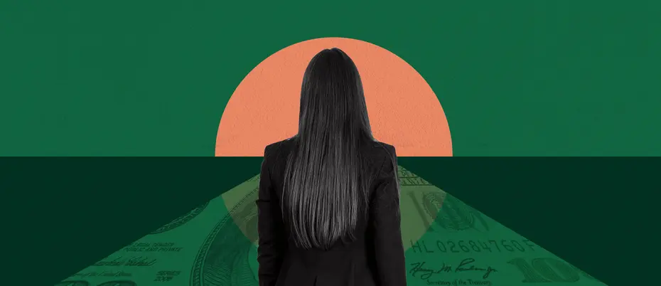 A woman standing on a hundred dollar bill covered road looks forward to the sun rising/setting.