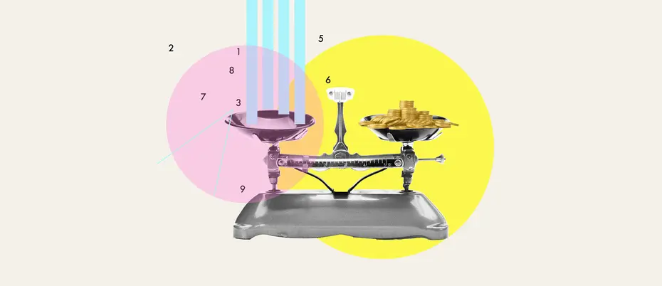 A vintage scale with data symbols and numbers on one side and coins on the other