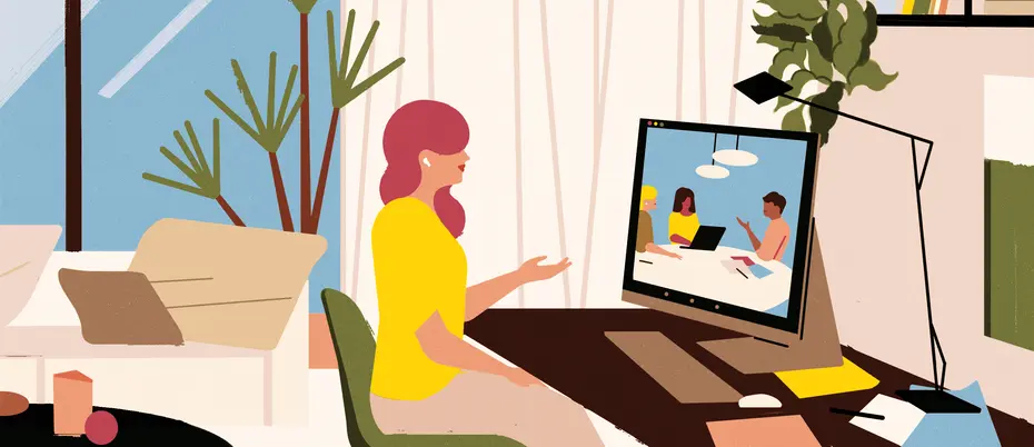 An illustration of a person working from home in a meeting with coworkers around an office table