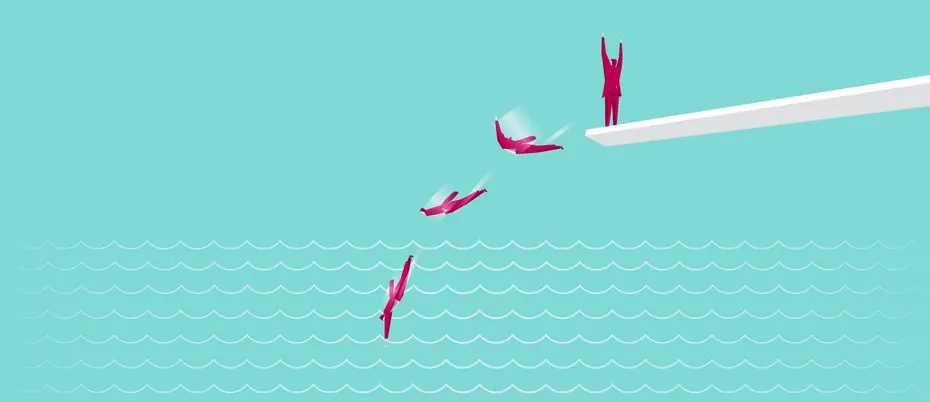 A team of business people dive into water