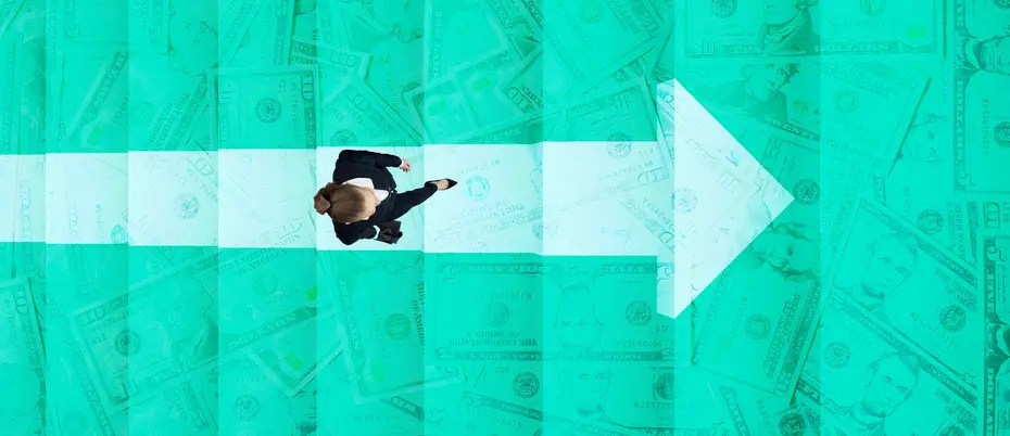 A business person walks up stairs with an arrow pointing to the right. The stairs is juxtaposed with imagery of US dollar bills.