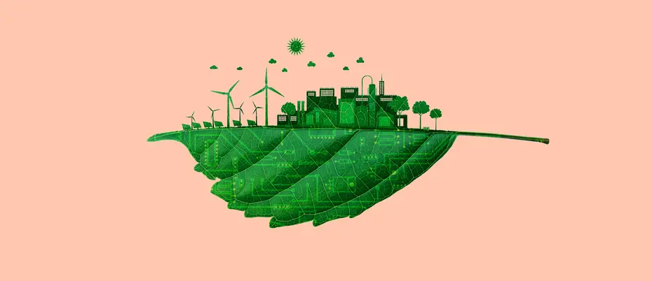 The clean energy industry coming out of a green leaf made of circuit board