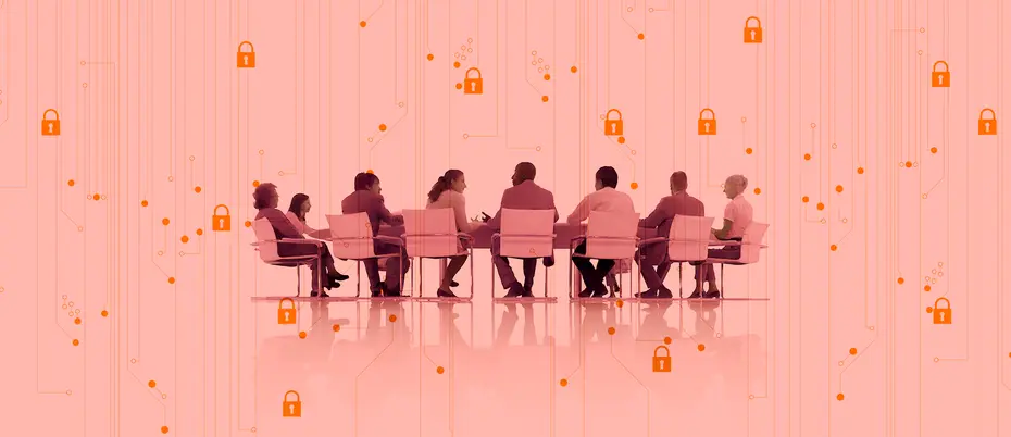 Boardroom members sitting amongst a digital cybersecurity backdrop