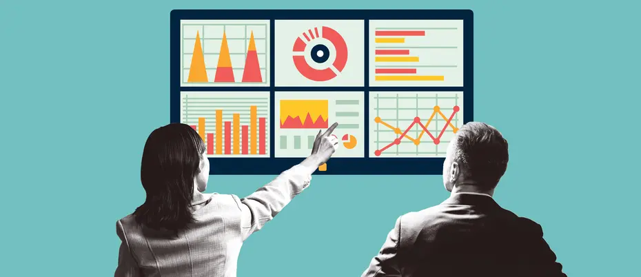 Employees looking at a dashboard of data