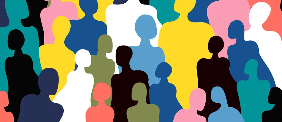 An illustration of a crowd of colorful human figures