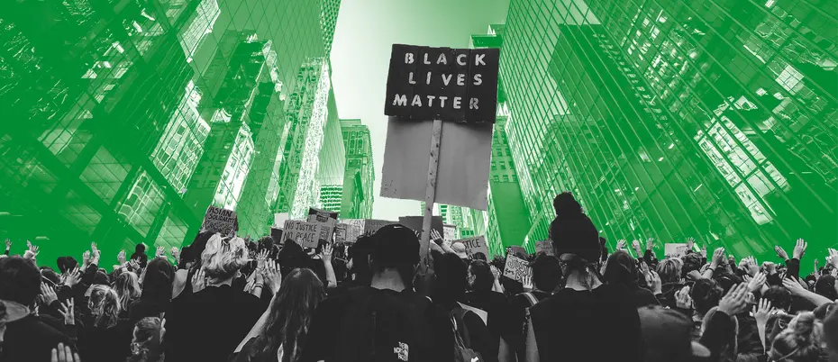 A Black Lives Matter rally amongst tall financial skyscrapers illustrated in green