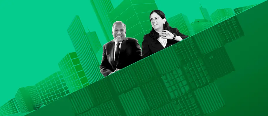 Coimbatore Sundararajan Venkatakrishnan and Debbie Lucas amongst a background of green buildings and supply chain cargo