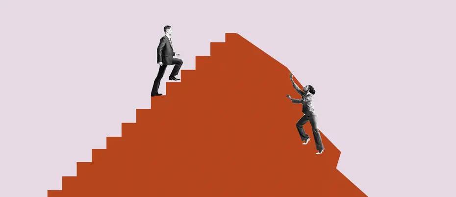 A man walks on steps to get to the top of a mountain, but a woman climbs the mountain with no steps provided