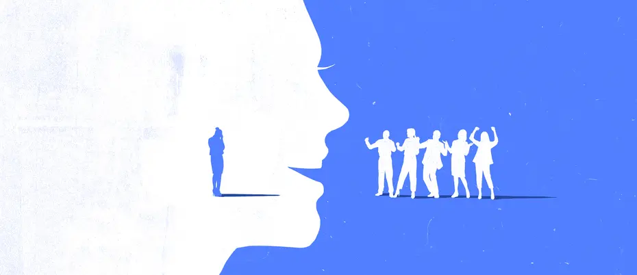 A small silhouette of a person looking down and dejected inside of a larger silhouette of the person in lively conversation with a group of people that are cheering her on.