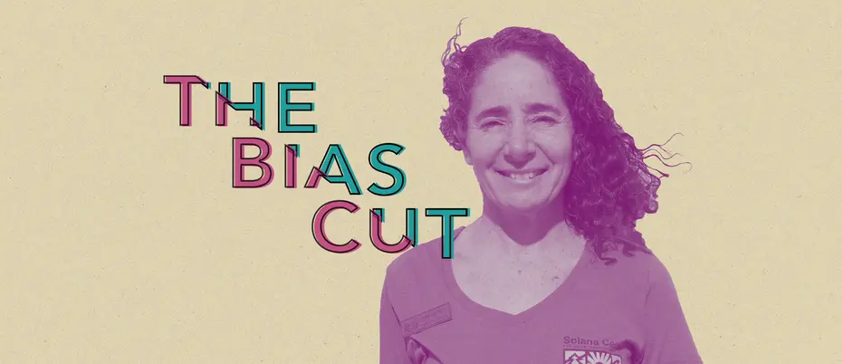 Jessica Toth smiles at the viewer, her hair blowing in the wind. The words "The Bias Cut" descend from left to right.