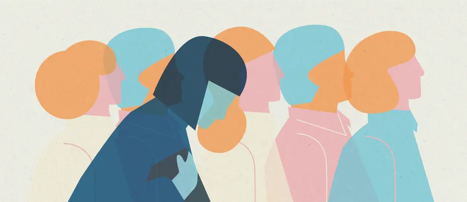 A row of office workers looking ahead, but one worker stands out with their head down