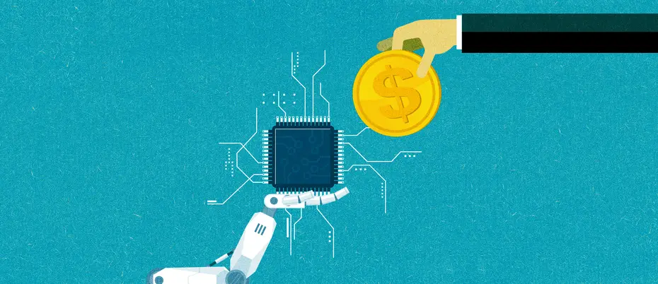 A robot holds a microchip and a hand hold a gold coin