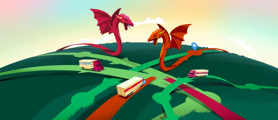 An illustration of cargo trucks en route with danger present in the form of dragons