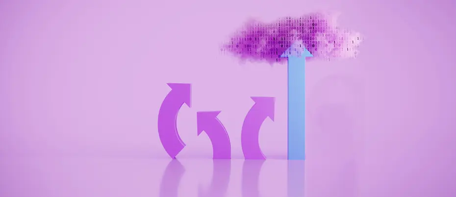 4 directional arrows pointing up with one hitting a cloud of binary code