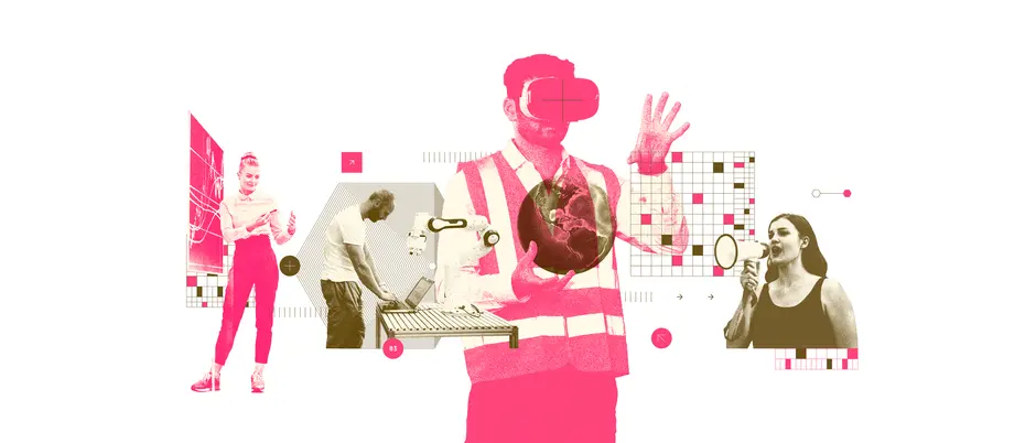 A collage of employees - some are manipulating technology, one is holding a globe while wearing VR glasses, and one is holding a megaphone.