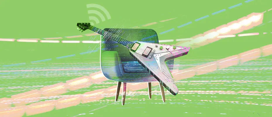 An illustration of a guitar on a chair with data and code imagery juxtaposed on top