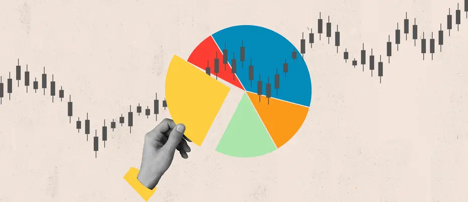 A hand holding a wedge from a pie chart with a stock ticker in the background