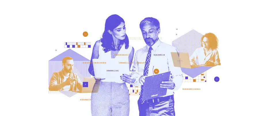 Two employees communicating with each other and two others working by their laptops