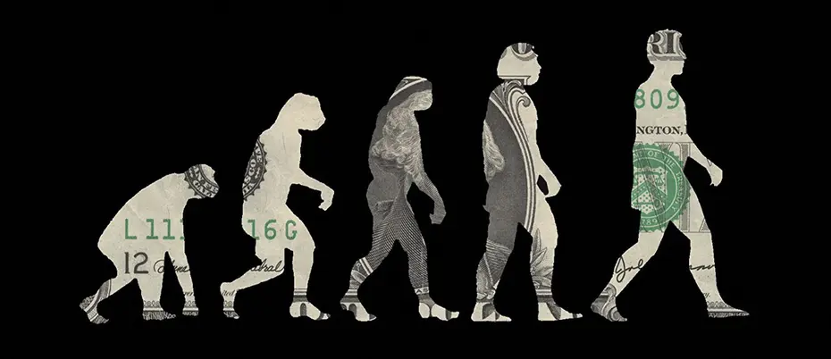 Human evolution with superimposed dollar