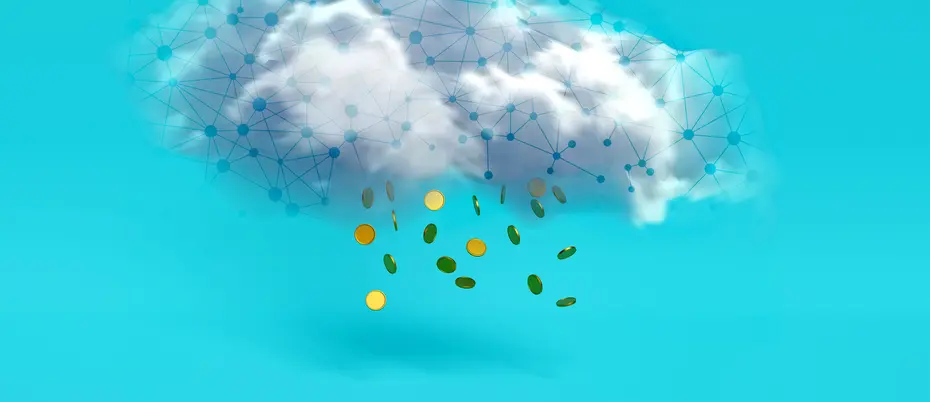 An illustration of a cloud covered in network data lines that is raining gold coins